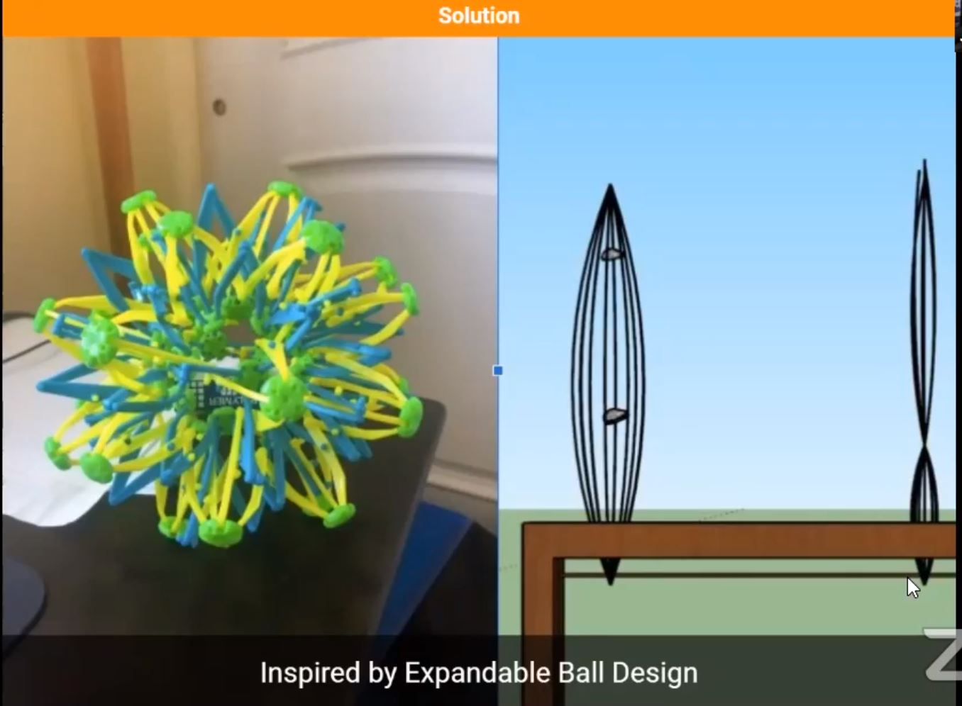Mangrove-inspired cage design diagram next to photo of expandable ball